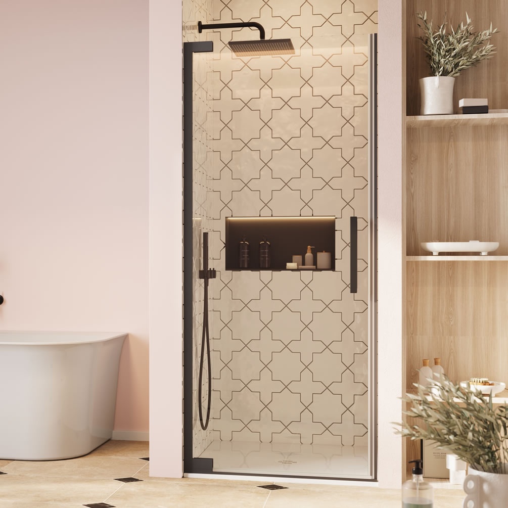 Lifestyle image of Crosswater Asura 8 Matt Black 1000mm Hinged Shower Door